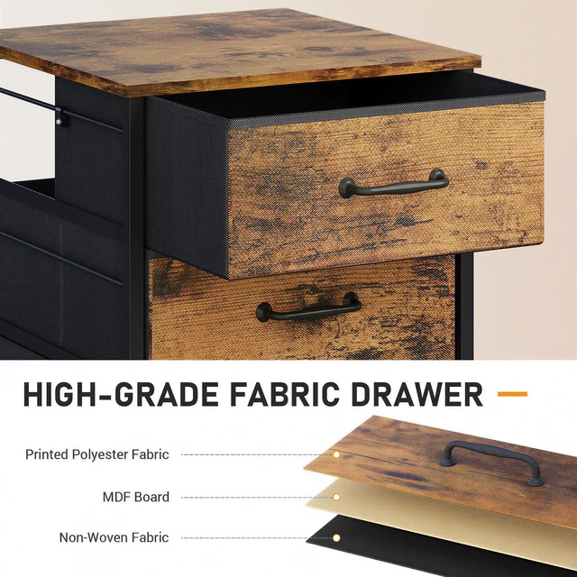 Alt view image 5 of 7 - 3-Drawer Mobile File Cabinet, Rolling Printer Stand, Rustic Brown Fabric vertical filing cabinet with 3 drawers, wood desktop, steel frame, fits A4/Letter, Under Desk Storage for home office