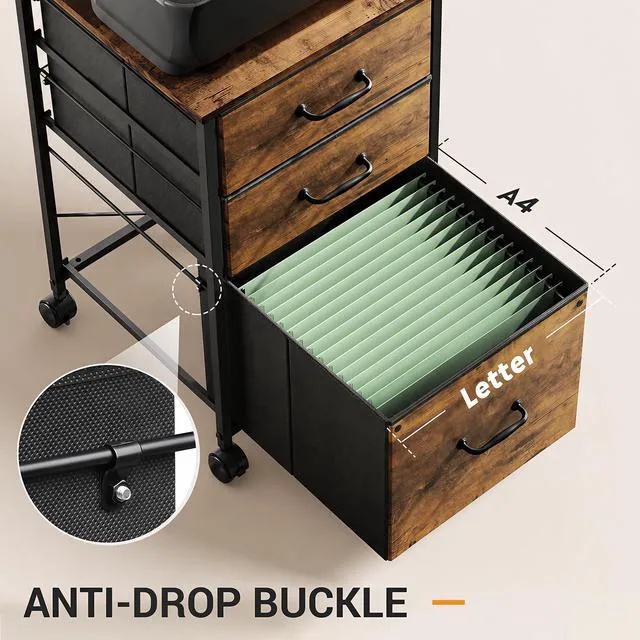 Alt view image 6 of 7 - 3-Drawer Mobile File Cabinet, Rolling Printer Stand, Rustic Brown Fabric vertical filing cabinet with 3 drawers, wood desktop, steel frame, fits A4/Letter, Under Desk Storage for home office