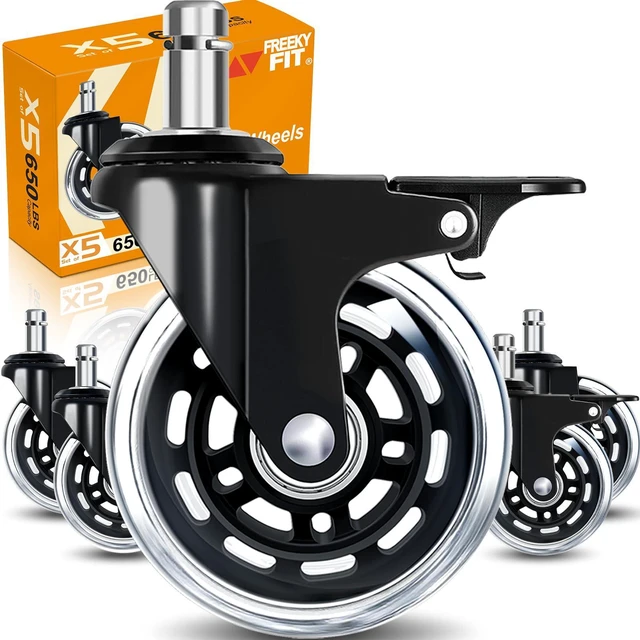 Main image of Office Chair Wheels for Casters Replacement - 3" Rubber Wheels for Computer Gaming Desk Caster Smooth & Safe Rolling for All Floors Hardwood and Carpet - Set of 5 - Clear