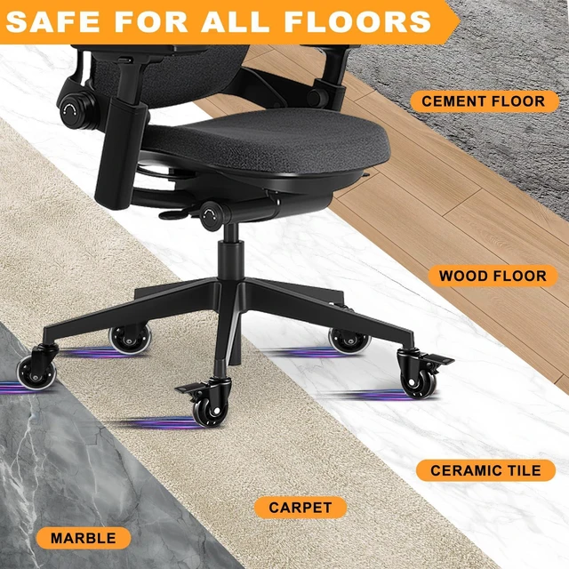 Alt view image 3 of 7 - Office Chair Wheels for Casters Replacement - 3" Rubber Wheels for Computer Gaming Desk Caster Smooth & Safe Rolling for All Floors Hardwood and Carpet - Set of 5 - Clear