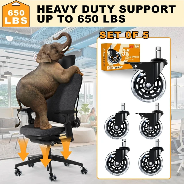 Alt view image 6 of 7 - Office Chair Wheels for Casters Replacement - 3" Rubber Wheels for Computer Gaming Desk Caster Smooth & Safe Rolling for All Floors Hardwood and Carpet - Set of 5 - Clear