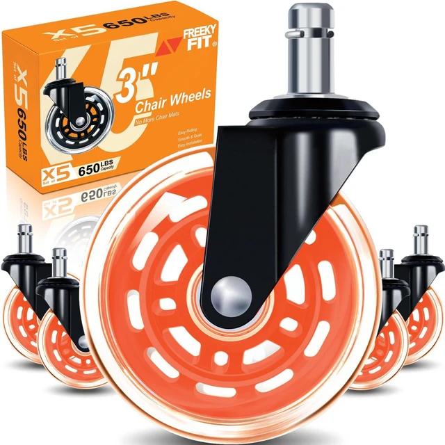 Main image of Office Chair Wheels for Casters Replacement - 3" Rubber Wheels for Computer Gaming Desk Caster Smooth & Safe Rolling for All Floors Including Hardwood and Carpet - Set of 5 - Orange