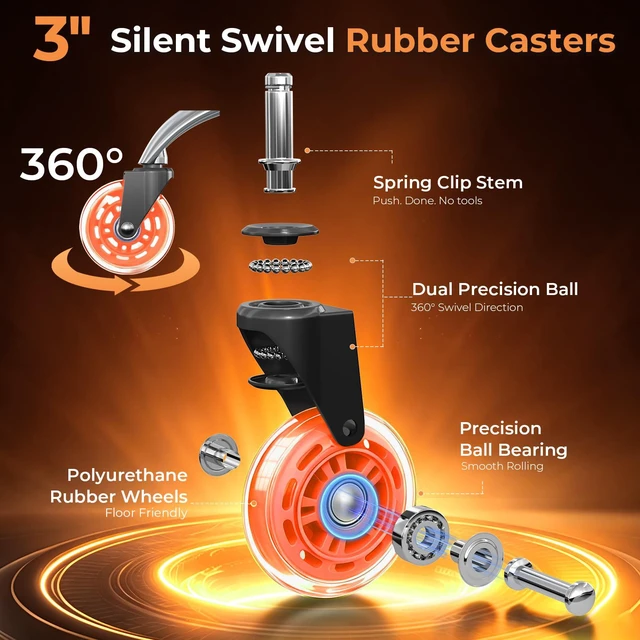 Alt view image 2 of 7 - Office Chair Wheels for Casters Replacement - 3" Rubber Wheels for Computer Gaming Desk Caster Smooth & Safe Rolling for All Floors Including Hardwood and Carpet - Set of 5 - Orange