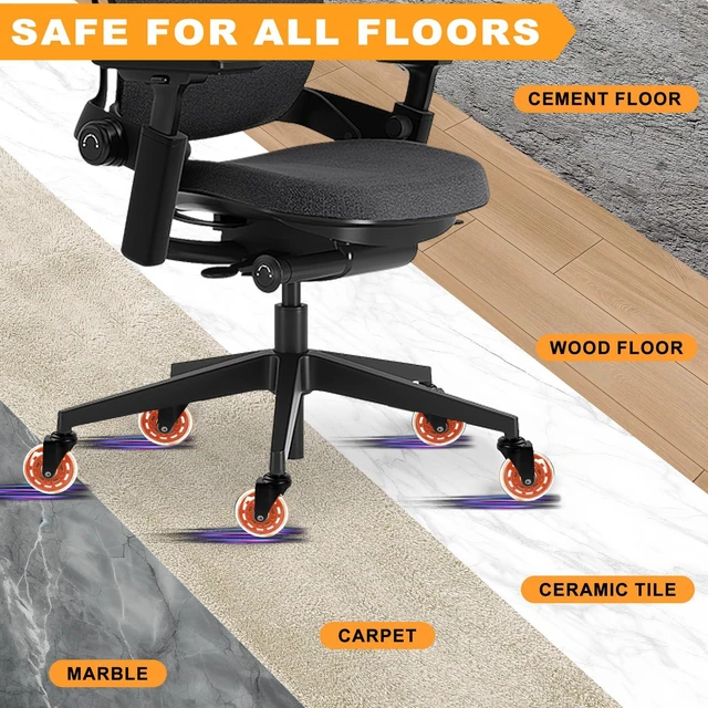 Alt view image 4 of 7 - Office Chair Wheels for Casters Replacement - 3" Rubber Wheels for Computer Gaming Desk Caster Smooth & Safe Rolling for All Floors Including Hardwood and Carpet - Set of 5 - Orange