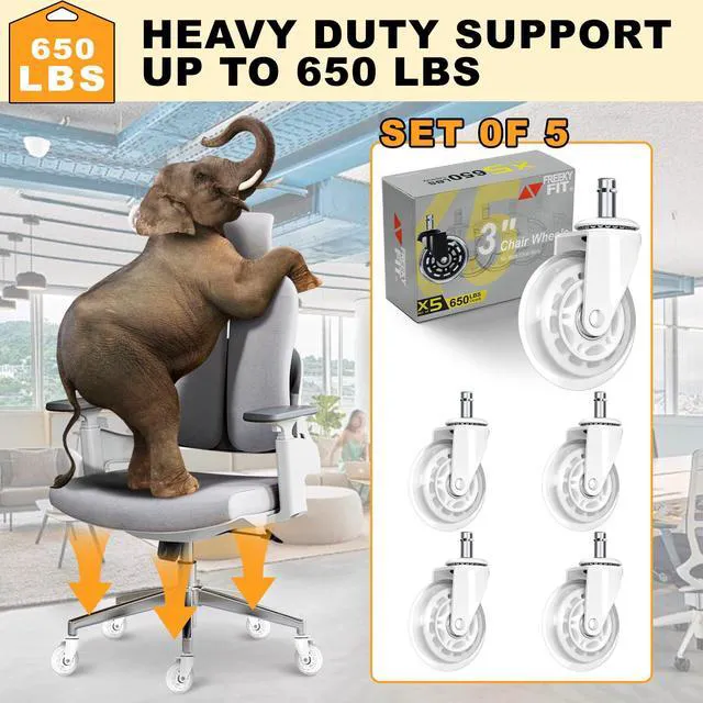 Alt view image 7 of 7 - Office Chair Wheels for Casters Replacement - 3" Rubber Wheels for Computer Gaming Desk Caster Smooth & Safe Rolling for All Floors Including Hardwood and Carpet - Set of 5 - White