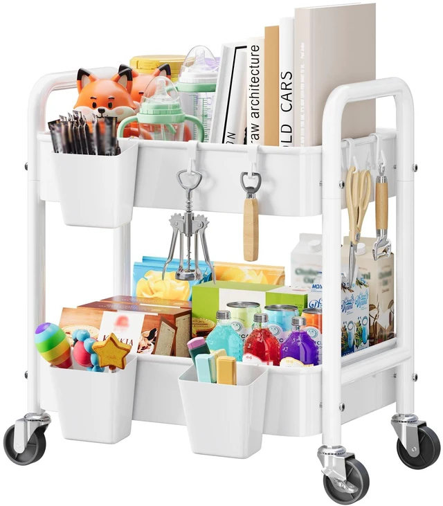 Main image of 2 Tier Metal Small Rolling Cart with Wheels for Under Table Storage, White Utility Cart Organizer with Hooks, Cups, Under Desk Carts for Bathroom, Lash, Nail, Kitchen, Cleaning Supplies, Snack Carts