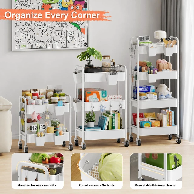 Alt view image 4 of 7 - 2 Tier Metal Small Rolling Cart with Wheels for Under Table Storage, White Utility Cart Organizer with Hooks, Cups, Under Desk Carts for Bathroom, Lash, Nail, Kitchen, Cleaning Supplies, Snack Carts