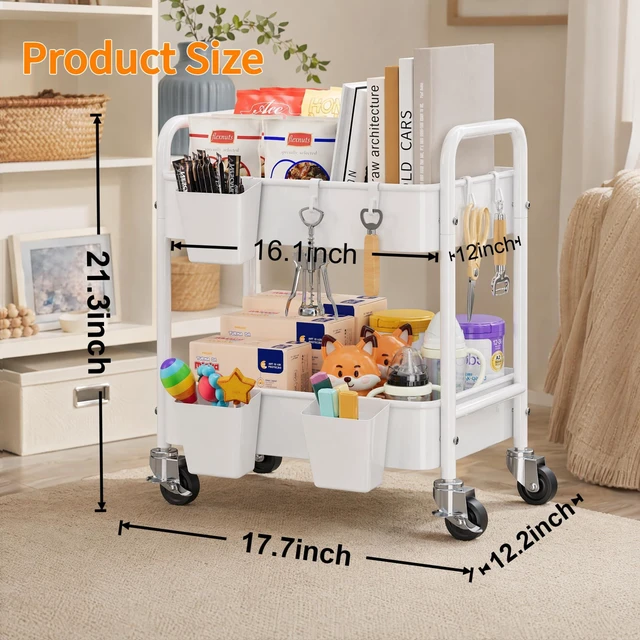 Alt view image 5 of 7 - 2 Tier Metal Small Rolling Cart with Wheels for Under Table Storage, White Utility Cart Organizer with Hooks, Cups, Under Desk Carts for Bathroom, Lash, Nail, Kitchen, Cleaning Supplies, Snack Carts
