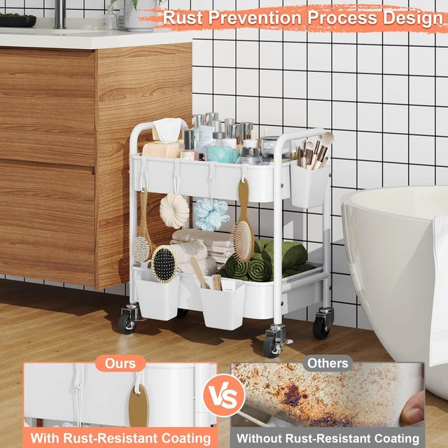 Alt view image 7 of 7 - 2 Tier Metal Small Rolling Cart with Wheels for Under Table Storage, White Utility Cart Organizer with Hooks, Cups, Under Desk Carts for Bathroom, Lash, Nail, Kitchen, Cleaning Supplies, Snack Carts