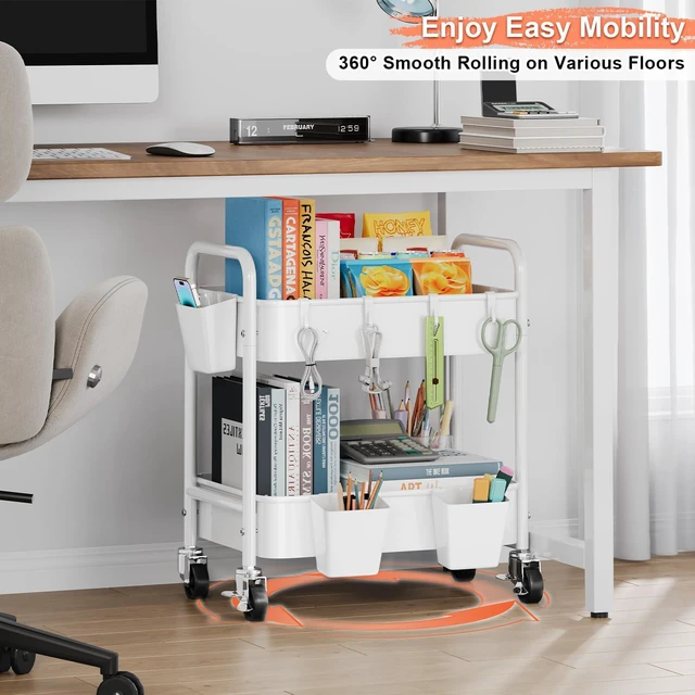 Alt view image 6 of 7 - 2 Tier Metal Small Rolling Cart with Wheels for Under Table Storage, White Utility Cart Organizer with Hooks, Cups, Under Desk Carts for Bathroom, Lash, Nail, Kitchen, Cleaning Supplies, Snack Carts