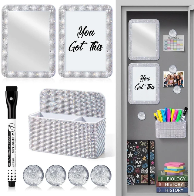 Main image of 8 Pcs Glitter Magnetic Locker Accessories for Girls, Silver Locker Organizer Decorations, Magnetic Pen Holder, Mirrors, Magnets Whiteboards, Markers, Back to Middle School