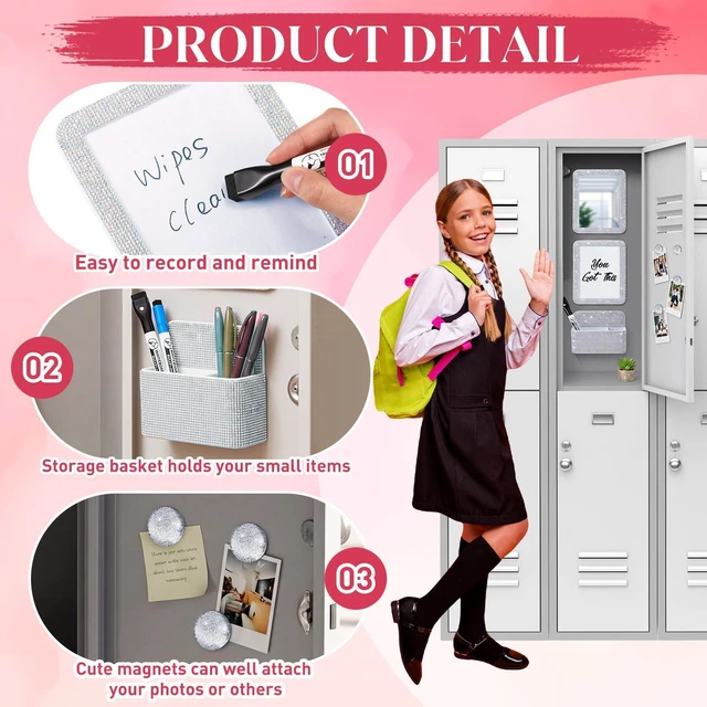 Alt view image 3 of 7 - 8 Pcs Glitter Magnetic Locker Accessories for Girls, Silver Locker Organizer Decorations, Magnetic Pen Holder, Mirrors, Magnets Whiteboards, Markers, Back to Middle School