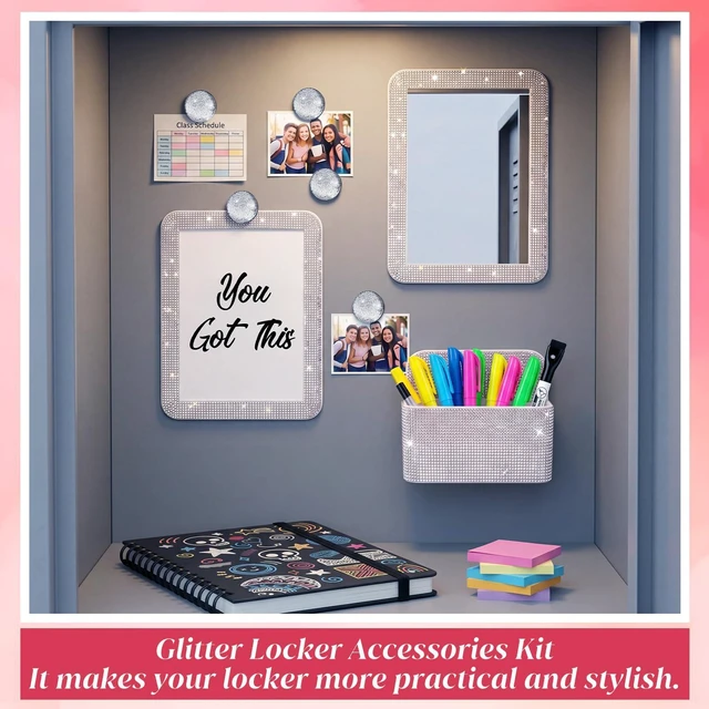 Alt view image 4 of 7 - 8 Pcs Glitter Magnetic Locker Accessories for Girls, Silver Locker Organizer Decorations, Magnetic Pen Holder, Mirrors, Magnets Whiteboards, Markers, Back to Middle School