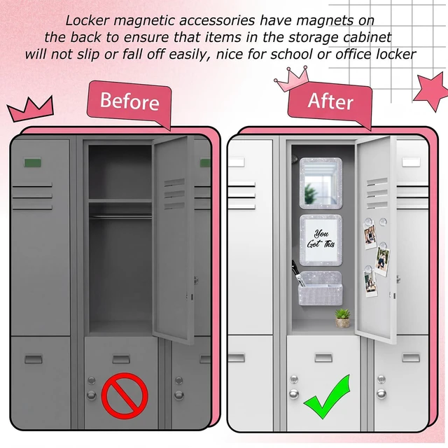 Alt view image 6 of 7 - 8 Pcs Glitter Magnetic Locker Accessories for Girls, Silver Locker Organizer Decorations, Magnetic Pen Holder, Mirrors, Magnets Whiteboards, Markers, Back to Middle School