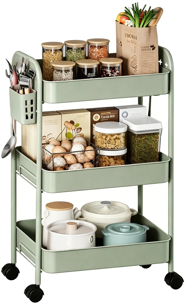 Main image of Heavy-Duty Rolling Cart 3 Tier Metal Utility Storage Cart with Casters, Hooks & Hanging Cups, Rolling Storage Organizer for Kitchen Office Craft Snack Book
