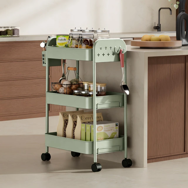 Alt view image 3 of 7 - Heavy-Duty Rolling Cart 3 Tier Metal Utility Storage Cart with Casters, Hooks & Hanging Cups, Rolling Storage Organizer for Kitchen Office Craft Snack Book