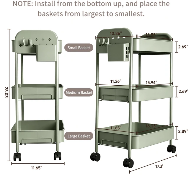 Alt view image 2 of 7 - Heavy-Duty Rolling Cart 3 Tier Metal Utility Storage Cart with Casters, Hooks & Hanging Cups, Rolling Storage Organizer for Kitchen Office Craft Snack Book