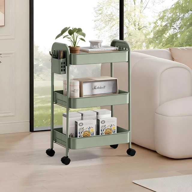 Alt view image 6 of 7 - Heavy-Duty Rolling Cart 3 Tier Metal Utility Storage Cart with Casters, Hooks & Hanging Cups, Rolling Storage Organizer for Kitchen Office Craft Snack Book