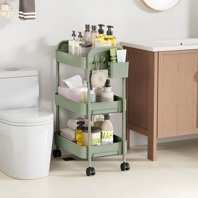 Alt view image 4 of 7 - Heavy-Duty Rolling Cart 3 Tier Metal Utility Storage Cart with Casters, Hooks & Hanging Cups, Rolling Storage Organizer for Kitchen Office Craft Snack Book