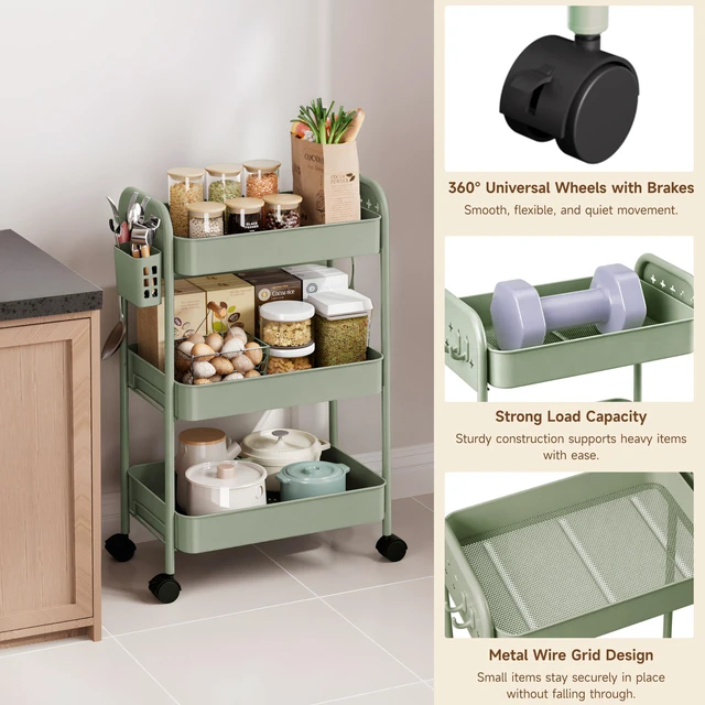Alt view image 5 of 7 - Heavy-Duty Rolling Cart 3 Tier Metal Utility Storage Cart with Casters, Hooks & Hanging Cups, Rolling Storage Organizer for Kitchen Office Craft Snack Book