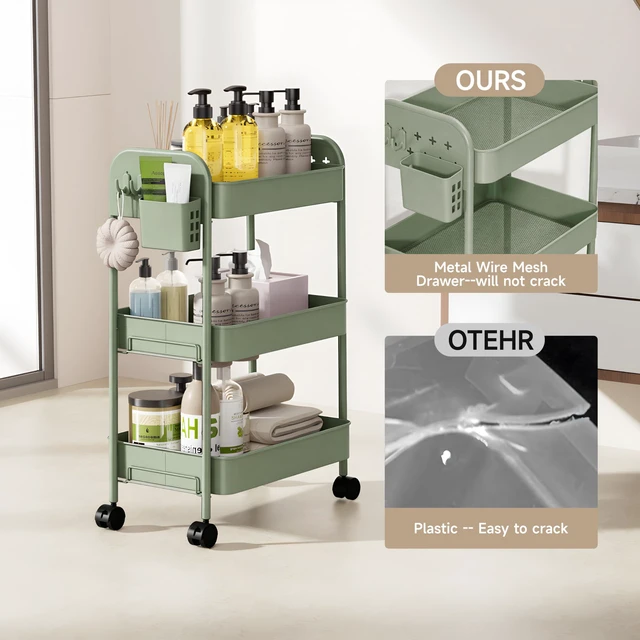 Alt view image 7 of 7 - Heavy-Duty Rolling Cart 3 Tier Metal Utility Storage Cart with Casters, Hooks & Hanging Cups, Rolling Storage Organizer for Kitchen Office Craft Snack Book