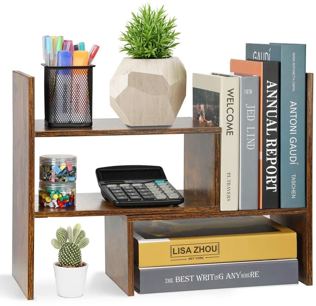 Main image of Expandable Wood Desktop Bookshelf Desktop Organizer Office Storage Rack Wood Display Shelf, Counter Storage Rack Top Bookcase - Freestyle Display Natural Stand Office Supplies Desk Organizer