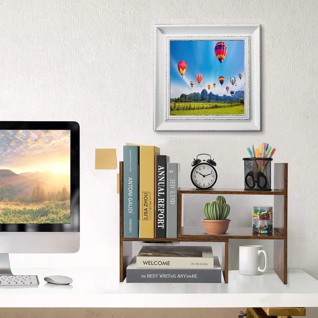 Alt view image 2 of 7 - Expandable Wood Desktop Bookshelf Desktop Organizer Office Storage Rack Wood Display Shelf, Counter Storage Rack Top Bookcase - Freestyle Display Natural Stand Office Supplies Desk Organizer