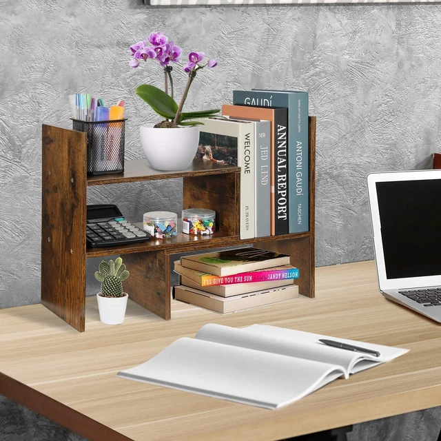 Alt view image 5 of 7 - Expandable Wood Desktop Bookshelf Desktop Organizer Office Storage Rack Wood Display Shelf, Counter Storage Rack Top Bookcase - Freestyle Display Natural Stand Office Supplies Desk Organizer