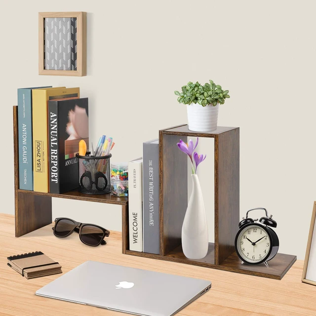 Alt view image 6 of 7 - Expandable Wood Desktop Bookshelf Desktop Organizer Office Storage Rack Wood Display Shelf, Counter Storage Rack Top Bookcase - Freestyle Display Natural Stand Office Supplies Desk Organizer