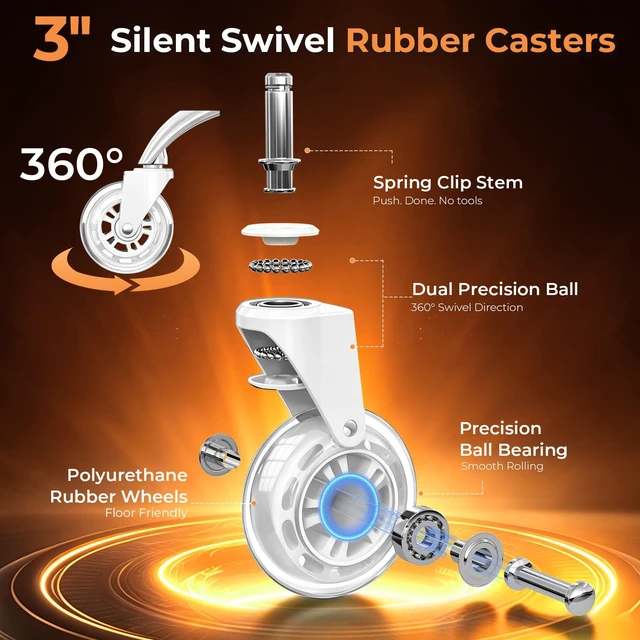 Alt view image 2 of 7 - Office Chair Wheels for Casters Replacement - 3" Rubber Wheels for Computer Gaming Desk Caster Smooth & Safe Rolling for All Floors Including Hardwood and Carpet - Set of 5 - White