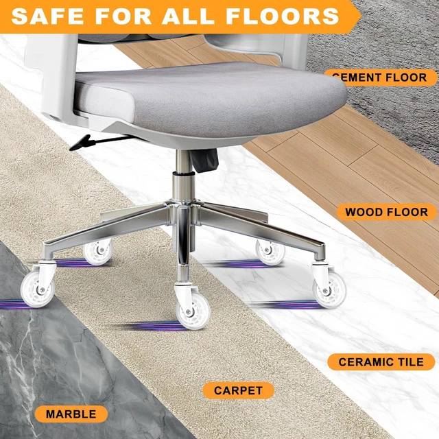Alt view image 3 of 7 - Office Chair Wheels for Casters Replacement - 3" Rubber Wheels for Computer Gaming Desk Caster Smooth & Safe Rolling for All Floors Including Hardwood and Carpet - Set of 5 - White