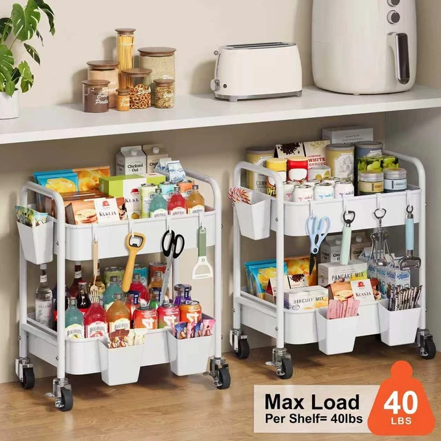 Alt view image 3 of 7 - 2 Tier Metal Small Rolling Cart with Wheels for Under Table Storage, White Utility Cart Organizer with Hooks, Cups, Under Desk Carts for Bathroom, Lash, Nail, Kitchen, Cleaning Supplies, Snack Carts