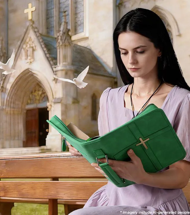 Alt view image 2 of 6 - Vegan Leather Bible Cover Case, Bible Bag with Phone Pocket, Bible Case for Men Women, Christian Gift Box Packaging (Green)