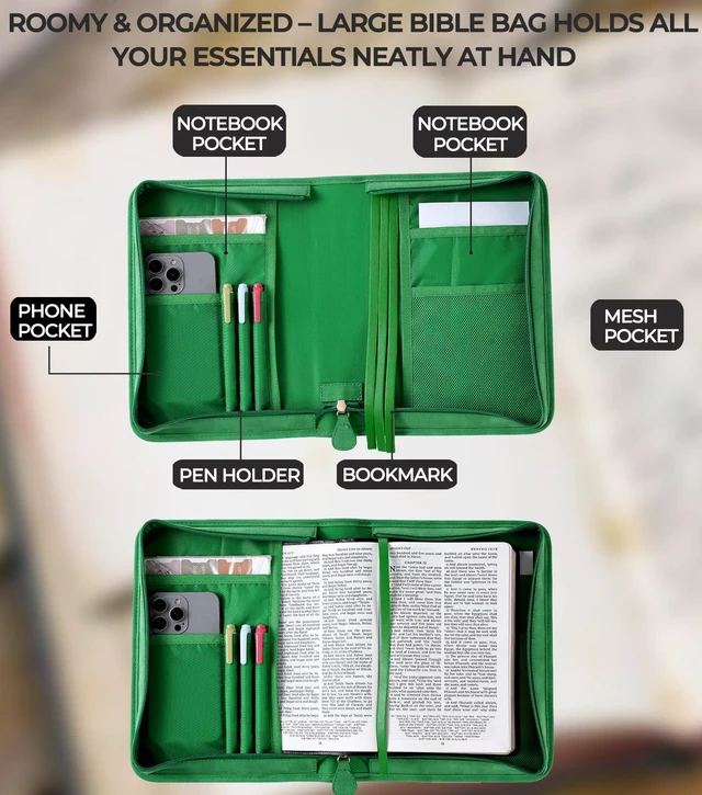 Alt view image 4 of 6 - Vegan Leather Bible Cover Case, Bible Bag with Phone Pocket, Bible Case for Men Women, Christian Gift Box Packaging (Green)