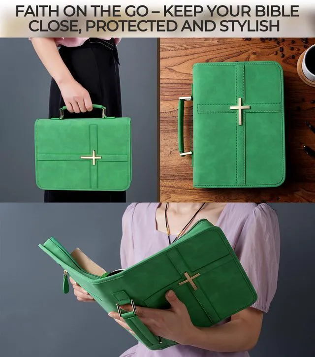 Alt view image 5 of 6 - Vegan Leather Bible Cover Case, Bible Bag with Phone Pocket, Bible Case for Men Women, Christian Gift Box Packaging (Green)