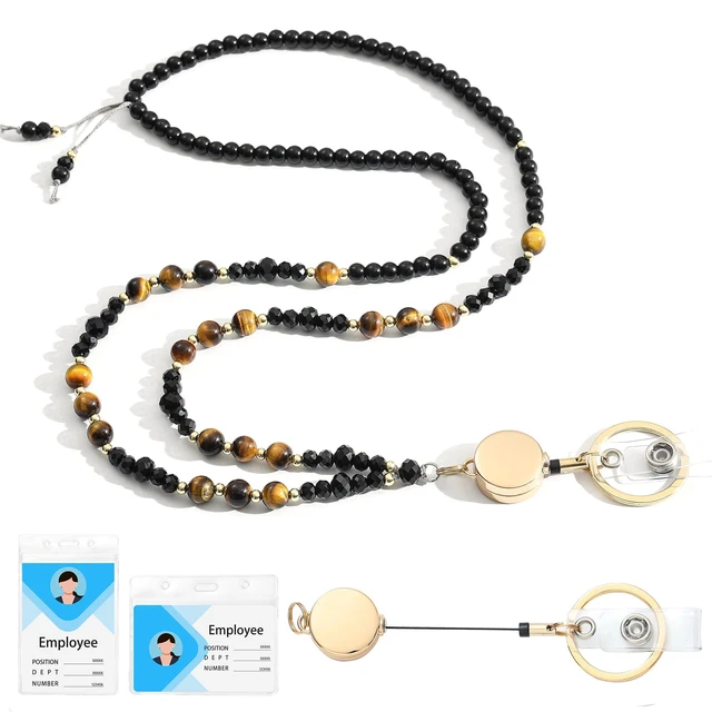 Main image of Natural Stone Beaded Lanyards for ID Badges and Keys,Tiger Eye Teacher lanyard for women, 0.8mm double-strand 6-braided cord, 10+ in retractable reel, for nurses, work, travel and cruises