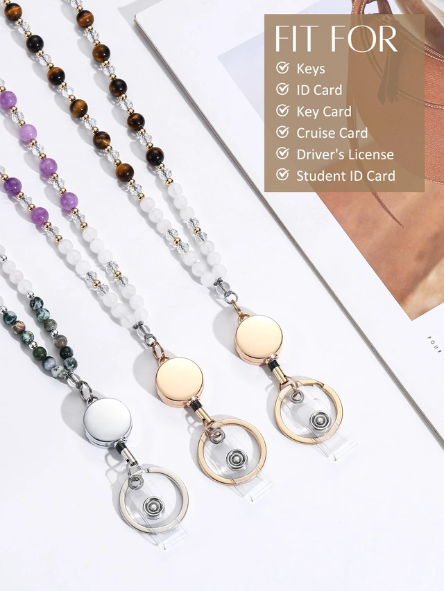 Alt view image 6 of 7 - Natural Stone Beaded Lanyards for ID Badges and Keys, Tiger Eye Teacher lanyard for women, 0.8mm double-strand 6-braided cord, 10+ in retractable reel, for nurses, work, travel and cruises