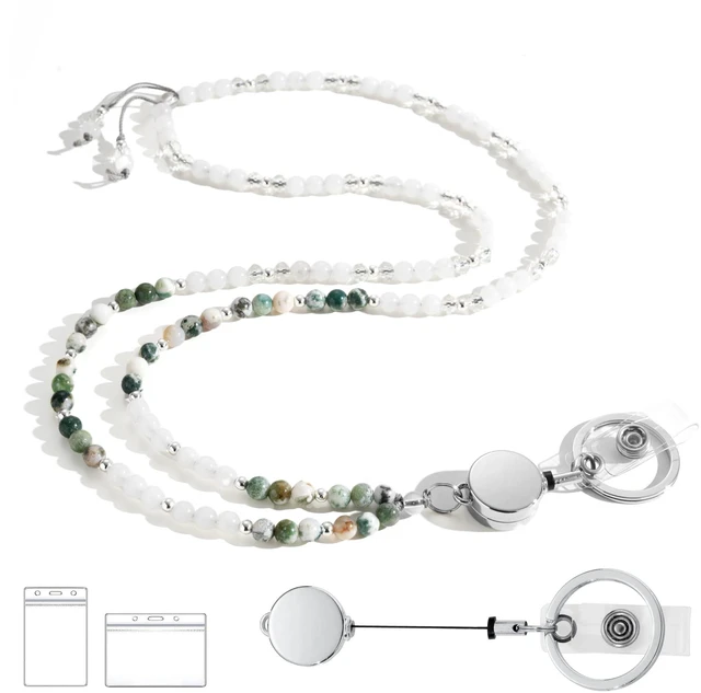 Main image of Natural Stone Beaded Lanyards for ID Badges and Keys Vertical Agate Teacher lanyard for women, 0.8mm double-strand 6-braided cord, 10+ in retractable reel, for nurses, work, travel and cruises