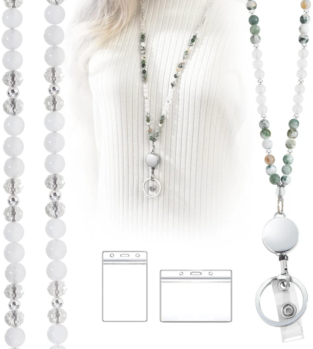 Alt view image 2 of 7 - Natural Stone Beaded Lanyards for ID Badges and Keys Vertical Agate Teacher lanyard for women, 0.8mm double-strand 6-braided cord, 10+ in retractable reel, for nurses, work, travel and cruises
