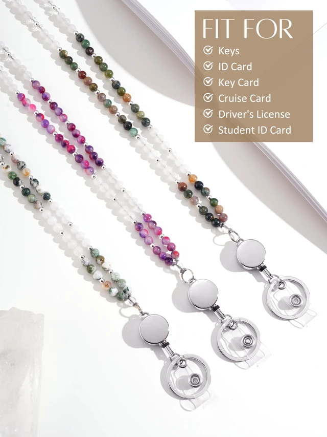 Alt view image 7 of 7 - Natural Stone Beaded Lanyards for ID Badges and Keys Vertical Agate Teacher lanyard for women, 0.8mm double-strand 6-braided cord, 10+ in retractable reel, for nurses, work, travel and cruises