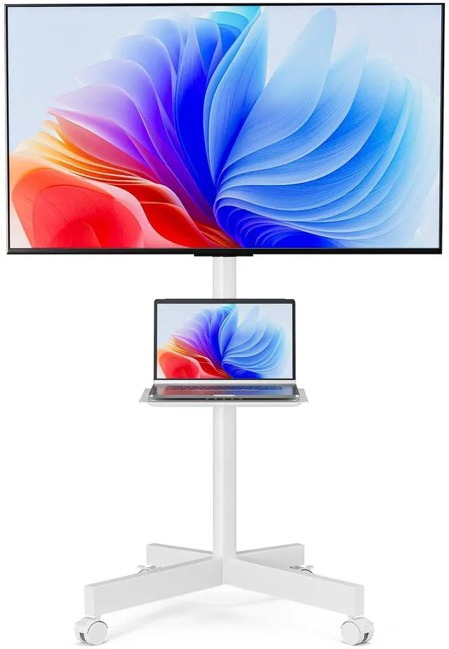 Main image of Mobile TV Stand for 23-65 Inch LCD LED Flat/Curved Panel Screen TVs Height Adjustable Rolling TV Stand with Tilt Mount and Shelf, Portable Stand Holds up to 110 lbs, Max VESA 400x400mm, White