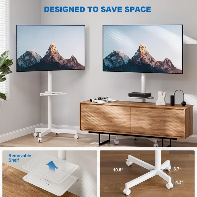 Alt view image 3 of 7 - Mobile TV Stand for 23-65 Inch LCD LED Flat/Curved Panel Screen TVs Height Adjustable Rolling TV Stand with Tilt Mount and Shelf, Portable Stand Holds up to 110 lbs, Max VESA 400x400mm, White