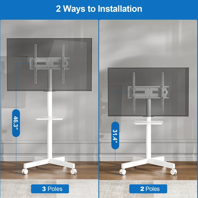 Alt view image 4 of 7 - Mobile TV Stand for 23-65 Inch LCD LED Flat/Curved Panel Screen TVs Height Adjustable Rolling TV Stand with Tilt Mount and Shelf, Portable Stand Holds up to 110 lbs, Max VESA 400x400mm, White