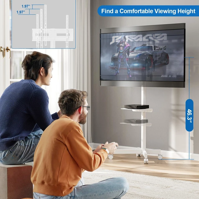 Alt view image 5 of 7 - Mobile TV Stand for 23-65 Inch LCD LED Flat/Curved Panel Screen TVs Height Adjustable Rolling TV Stand with Tilt Mount and Shelf, Portable Stand Holds up to 110 lbs, Max VESA 400x400mm, White