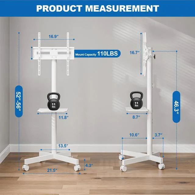 Alt view image 6 of 7 - Mobile TV Stand for 23-65 Inch LCD LED Flat/Curved Panel Screen TVs Height Adjustable Rolling TV Stand with Tilt Mount and Shelf, Portable Stand Holds up to 110 lbs, Max VESA 400x400mm, White