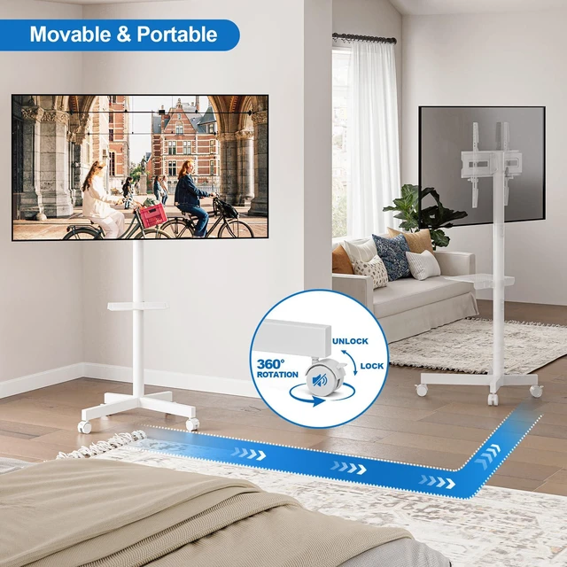 Alt view image 7 of 7 - Mobile TV Stand for 23-65 Inch LCD LED Flat/Curved Panel Screen TVs Height Adjustable Rolling TV Stand with Tilt Mount and Shelf, Portable Stand Holds up to 110 lbs, Max VESA 400x400mm, White