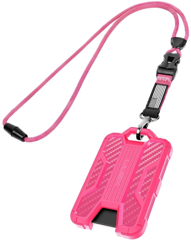 Main image of Badge Holder with Breakaway Lanyard, Carbon Fiber-Texture, 6 Cards American Flag, Quick Release Detachable Buckle, Metal Clip, Heavy Duty ID Card Holder, for Work, Office, All Pink
