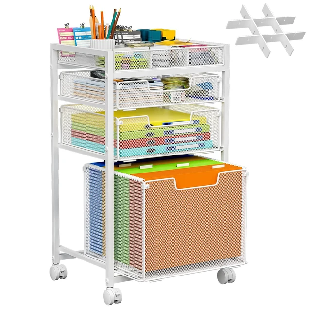 Main image of Rolling File Cart with 3 Storage Drawers, Under Desk Organizer with DIY Divider, Moblie Filing Cabinet on Wheels, Fits A4/Letter Size, Metal Utility Cart for Home Office, White