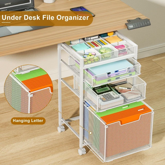 Alt view image 2 of 7 - Rolling File Cart with 3 Storage Drawers, Under Desk Organizer with DIY Divider, Moblie Filing Cabinet on Wheels, Fits A4/Letter Size, Metal Utility Cart for Home Office, White