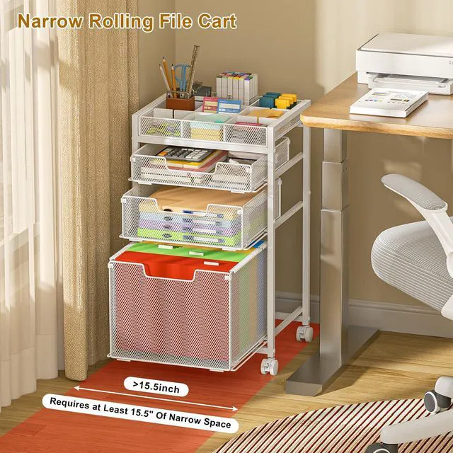 Alt view image 3 of 7 - Rolling File Cart with 3 Storage Drawers, Under Desk Organizer with DIY Divider, Moblie Filing Cabinet on Wheels, Fits A4/Letter Size, Metal Utility Cart for Home Office, White